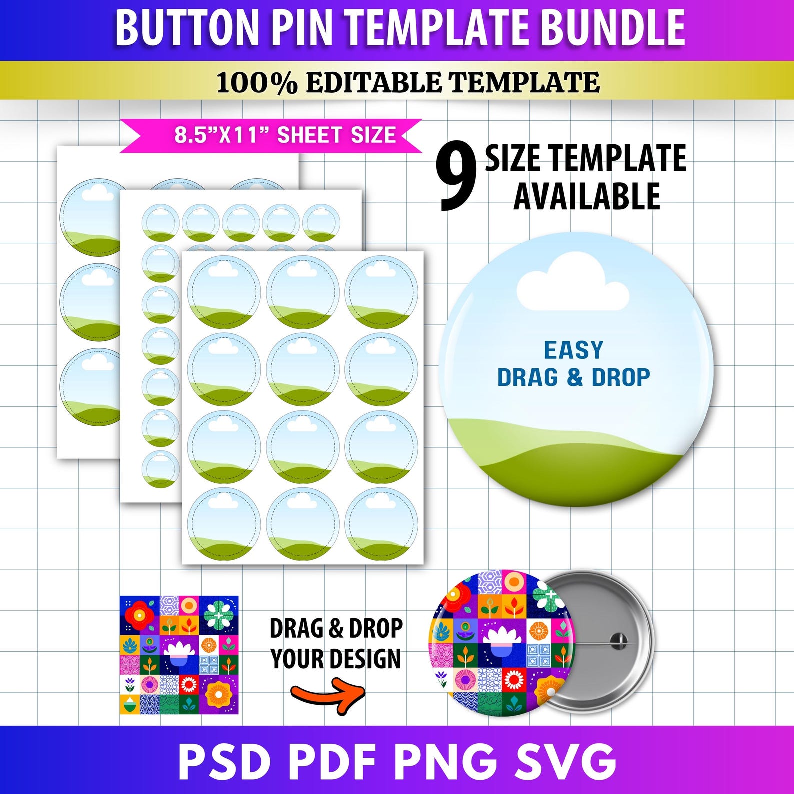 Button Ribbon Template 9x Button Pin Template Bundle | Editable Canva Frames | Blank Pinback ...
