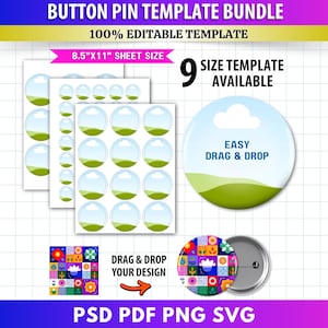 9x Button Pin Template Bundle | Editable Canva Frames | Blank Pinback ...