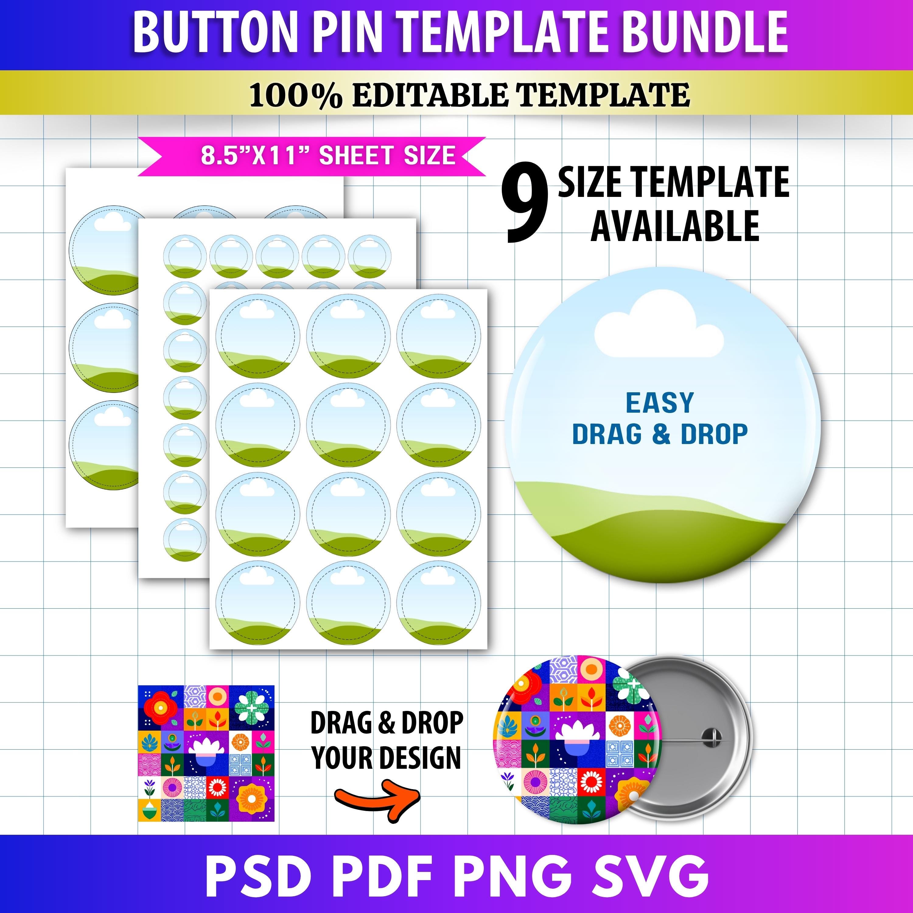 9x Button Pin Template Bundle | Editable Canva Frames | Blank Pinback ...