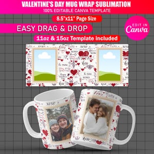 Op de afbeelding: Valentijnsdag mok wrap sublimatie sjabloon. Het ontwerp bevat een sjabloon met drie fotoruimtes en twee mokken met foto's. De mokken hebben een witte achtergrond met rode harten, het woord "love" en de tekst "xoxo". De sjabloon is 21,6 cm x 27,9 cm.
