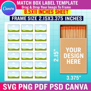 May include: A matchbox label template with a sheet of 16 small frames, each with a landscape image. The frame size is 2.15 x 3.375 inches. A matchbox is shown with the text "YOUR DESIGN HERE". The sheet size is 8.5 x 11 inches.