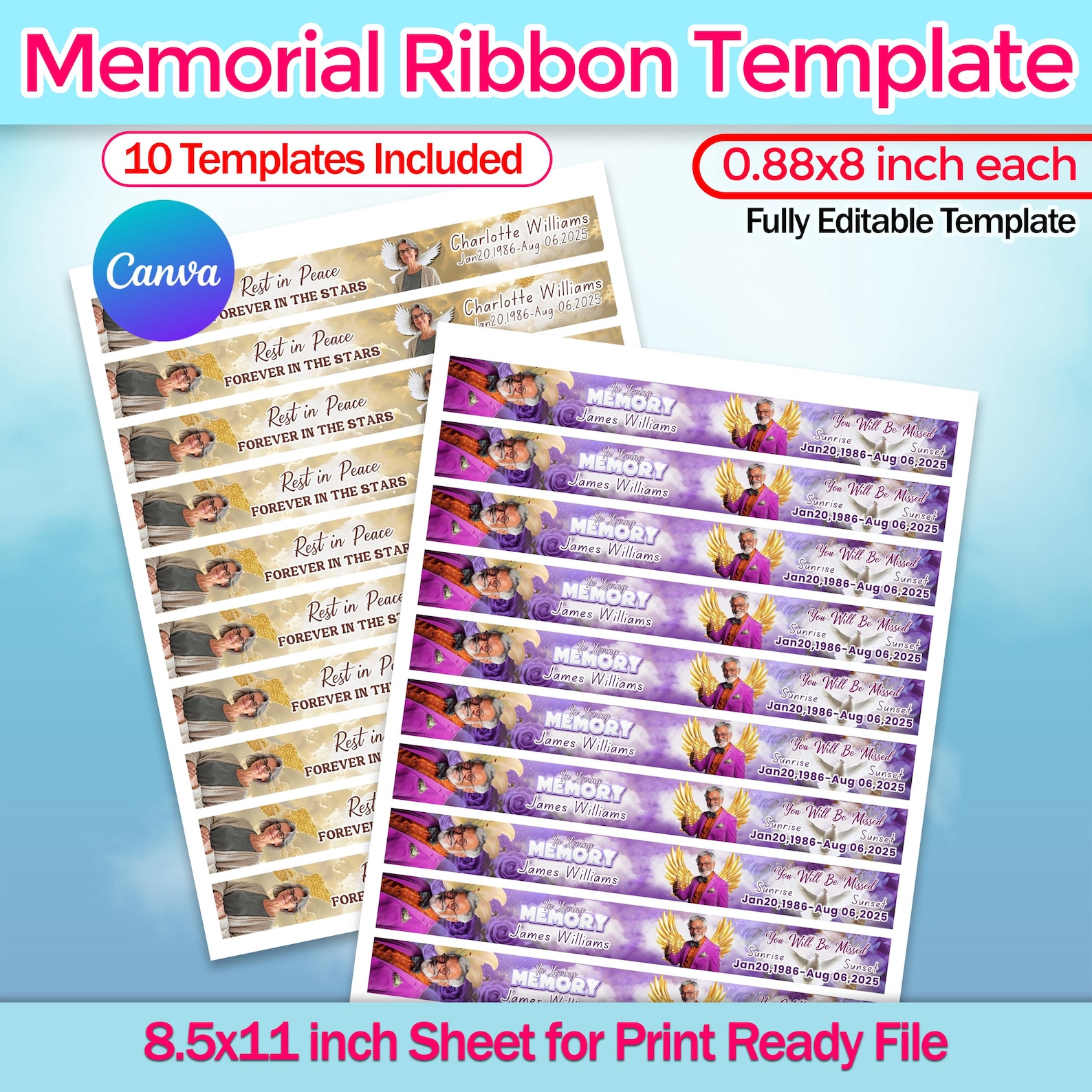 10x Memorial Ribbon Templates Bundle | Funeral Memorial Canva Designs ...