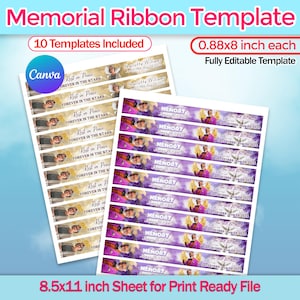 May include: Memorial ribbon template with 10 templates included. The design features text that reads "Rest in Peace" and "Forever in the Stars". The ribbons are 0.88x8 inches each and fully editable. The sheet is 8.5x11 inches for print-ready files.