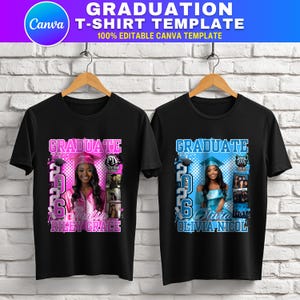 May include: Two black t-shirts with graduation designs. One shirt features a pink design with the text "GRADUATE" and a photo. The other shirt has a blue design with the text "GRADUATE" and a photo. Both shirts include the text "2026".