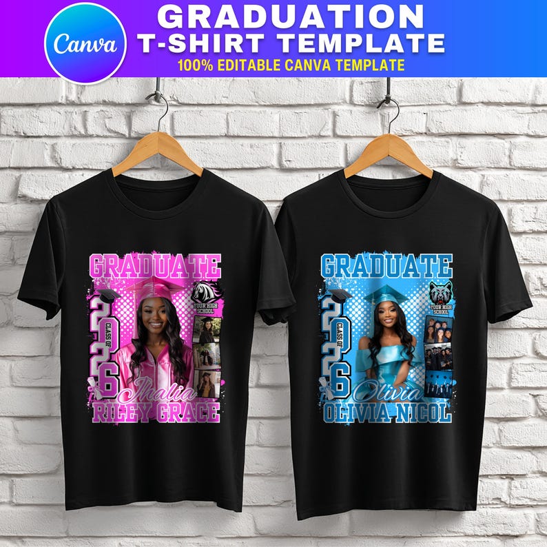 May include: Two black t-shirts with graduation designs. One shirt features a pink design with the text "GRADUATE" and a photo. The other shirt has a blue design with the text "GRADUATE" and a photo. Both shirts include the text "2026".