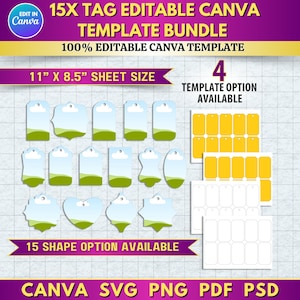 Op de afbeelding: Een digitale sjabloonbundel met 15 tag-ontwerpen, bewerkbaar in Canva. De bundel bevat verschillende tag-vormen met een lucht- en grasontwerp, plus opties voor gele en witte tags. De bladgrootte is 27,9 cm x 21,6 cm.