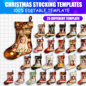Könnte beinhalten: Eine Sammlung von 25 Weihnachtsstiefel-Vorlagen. Jeder Strumpf zeigt ein Foto, den Namen "Luzen" und festliche Feiertagsdesigns. Das obere Banner lautet "CHRISTMAS STOCKING TEMPLATES 100% EDITABLE TEMPLATE".