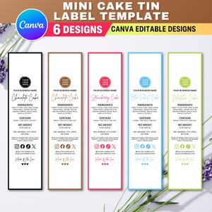 May include: A template for mini cake tin labels with six editable designs. Each label features a different cake flavor: Chocolate, Strawberry, Blue Velvet, and Matcha. The labels include space for a logo, business name, ingredients, and net weight.