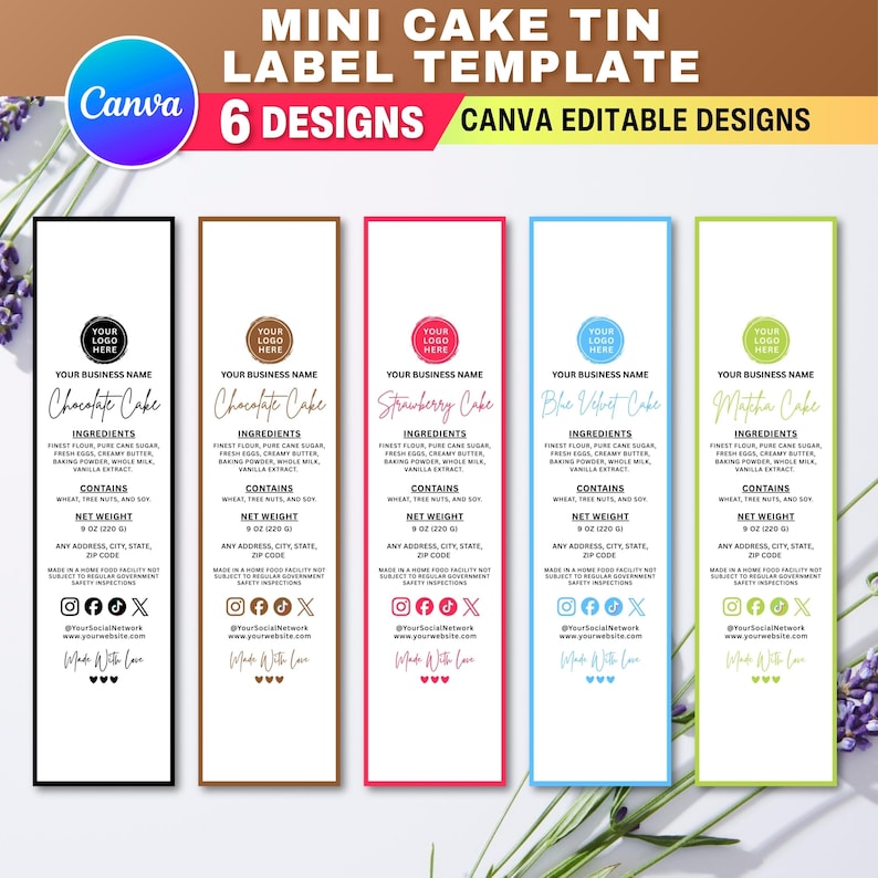 5X Mini Cake Tin Label Template | Editable Bakery Sticker | Printable ...