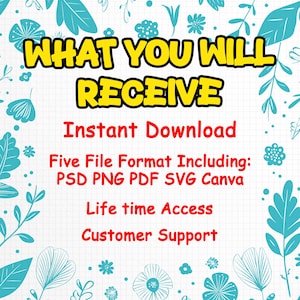 Op de afbeelding: Een afbeelding met de tekst "WHAT YOU WILL RECEIVE" in geel en zwart. Daaronder staan "Instant Download", "Five File Format Including: PSD PNG PDF SVG Canva", "Life time Access" en "Customer Support" in rode tekst.