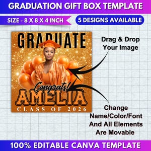 Pode incluir: Um modelo de caixa de presente de formatura com o texto "GRADUATE" e "Congrats! AMELIA CLASS OF 2026". O modelo tem 20 x 20 x 10 cm e tem 5 designs dispon&iacute;veis. O modelo &eacute; 100% edit&aacute;vel no Canva.