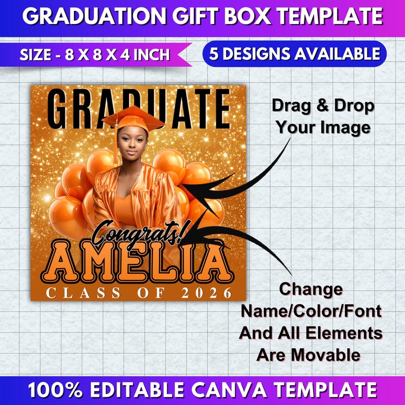 Pode incluir: Um modelo de caixa de presente de formatura com o texto "GRADUATE" e "Congrats! AMELIA CLASS OF 2026". O modelo tem 20 x 20 x 10 cm e tem 5 designs dispon&iacute;veis. O modelo &eacute; 100% edit&aacute;vel no Canva.