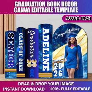 May include: A graduation-themed Canva template featuring a blue and gold design. The template includes text that reads "GRADUATION BOOK DECOR CANVA EDITABLE TEMPLATE" and "40X60 INCH". The design includes a photo of a woman in a graduation gown.