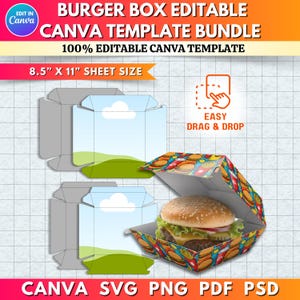 Pode incluir: Um pacote de modelos digitais para caixas de hambúrguer, com um design colorido de hambúrguer. A imagem inclui o texto "BURGER BOX EDITABLE CANVA TEMPLATE BUNDLE" e "8.5" X 11" SHEET SIZE" (aproximadamente 21,6 x 28 cm). Modelo 100% editável no Canva.