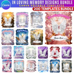 May include: A bundle of Canva editable templates for memorial designs. Each design features angel wings and the text "In Loving Memory". The templates include space for names and dates, with various background scenes.