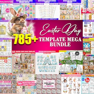 May include: A vibrant graphic featuring an Easter theme, with a bunny wearing a hat and holding an egg. The image includes templates for coloring pages, coupons, and other Easter-related designs. Text reads "Easter Day Template Mega Bundle".