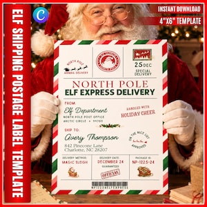 Może przedstawiać: Szablon etykiety wysyłkowej North Pole Elf Express Delivery o wymiarach 10 cm na 15 cm z czerwono-zielonymi paskami na obrzeżach, znaczkiem Świętego Mikołaja oraz tekstem zawierającym North Pole Post Office, Avery Thompson i Magic Sleigh.