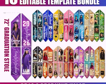 15x Graduation Stole Canva Editable Template Bundle | Graduation Sash Sublimation 2025 | Personalized Graduate Design & Stole Layouts