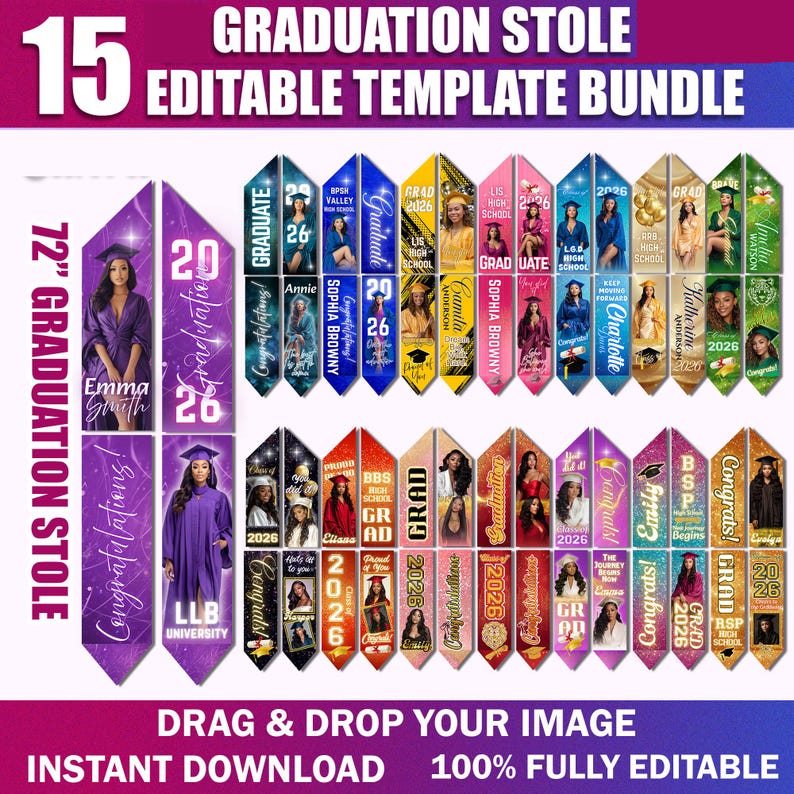 15x Graduation Stole Canva Editable Template Bundle | Graduation Sash Sublimation 2025 | Personalized Graduate Design & Stole Layouts image 1