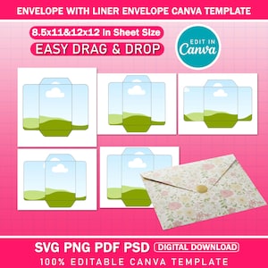 Puede incluir: Una plantilla de sobre con un diseño floral y un cierre de botón dorado. La plantilla incluye múltiples diseños de sobres con una escena de paisaje y el texto "EASY DRAG & DROP". La plantilla mide 21,6 x 27,9 cm y 30,5 x 30,5 cm.