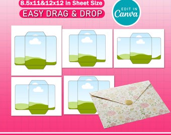Printable Envelope Template Bundle | A2, A6, 5x7 in Envelope with Liner | Foldable Greeting Card & 4x6 in Card Canva Drag  And Drop