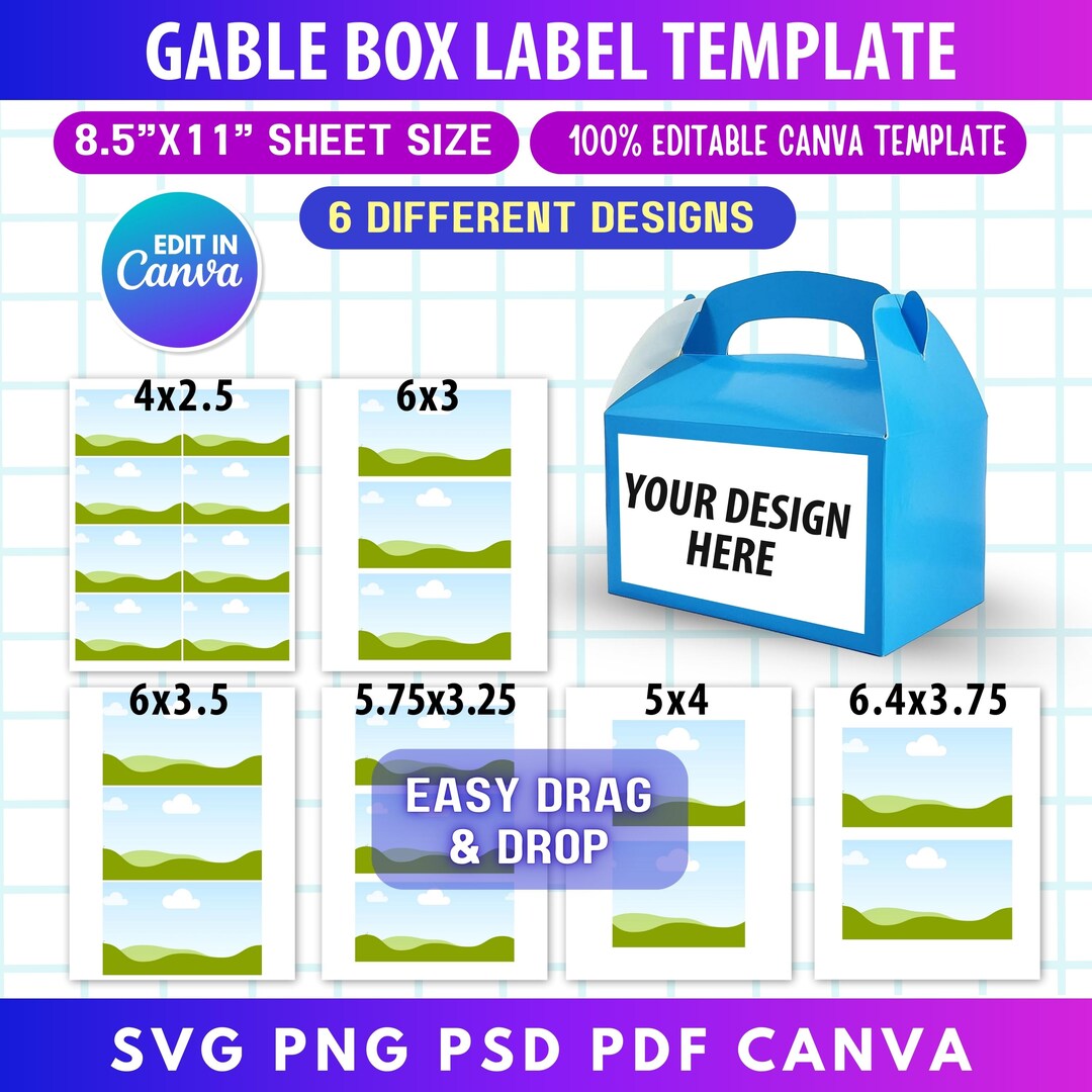 6x Gable Box Label Template Bundle | Canva Editable Front Label Designs ...