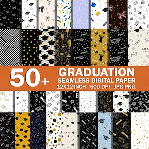 Peut inclure: Ensemble de 50+ papiers numériques sans couture sur le thème de la remise de diplômes. Les motifs comprennent des coiffes de graduation, des diplômes, des étoiles et des confettis en noir, or et blanc. Les papiers mesurent 30,48 cm x 30,48 cm et 500 DPI.