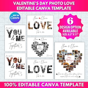 Może przedstawiać: Szablon zdjęć na Walentynki z sześcioma opcjami projektu. Szablon zawiera tekst "Valentine's Day Photo Love" i "Editable Canva Template". Projekty zawierają kolaże zdjęć z imionami "Jhon & Olivia" oraz słowami "Love", "You & Me Together" i "Our Story". Rozmiar to 21,6 cm x 27,9 cm.