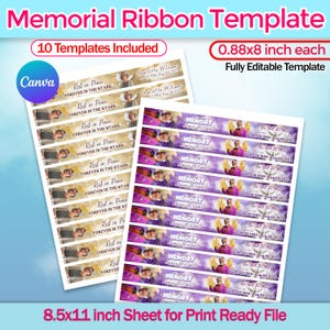 May include: Memorial ribbon template with 10 templates included. The design features memorial ribbons with the text "Rest in Peace" and "Memory". Each ribbon is 0.88 x 8 inches. The sheet is 8.5 x 11 inches.