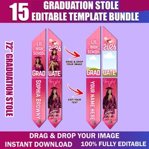 15x Graduation Stole Canva Editable Template Bundle | Graduation Sash Sublimation 2025 | Personalized Graduate Design & Stole Layouts image 2