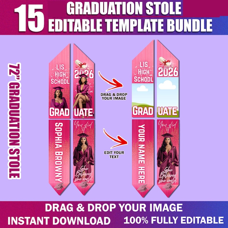 15x Graduation Stole Canva Editable Template Bundle | Graduation Sash Sublimation 2025 | Personalized Graduate Design & Stole Layouts image 2