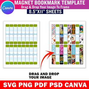 Puede incluir: Una plantilla para marcap&aacute;ginas magn&eacute;ticos con un logotipo de Canva. El dise&ntilde;o incluye dos hojas de marcap&aacute;ginas, una en blanco y otra con varios dise&ntilde;os. El texto dice "MAGNET BOOKMARK TEMPLATE" y "8.5"X11" SHEETS".