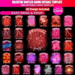 May include: A digital template with 30 designs for Valentine's Day, featuring customizable graphics with lightning bolt and heart patterns. The text includes "CUSTOM" and "Your Text Here" on a black background. The template is editable in Canva.