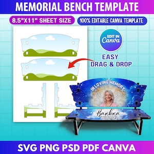 Peut inclure: Un modèle de banc commémoratif avec un design comprenant une photo, du texte et un arrière-plan de ciel. Le modèle mesure 21,59 cm x 27,94 cm et est 100 % modifiable dans Canva. Le banc comprend le texte "In Loving Memory" et le nom "Barbra Williams".