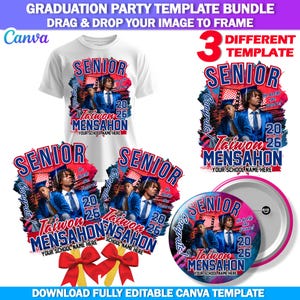 Red and Blue Graduation Party 2026 Canva Template Bundle, All Over Shirt, Pin Button, Fan Paddle Design, Class of 2026 Editable Grad Photo