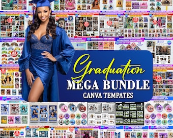 May include: A young woman in a blue graduation gown and cap is featured in a promotional image. The image showcases a variety of graduation-themed Canva templates, including posters, invitations, and gift box designs. The text "Graduation MEGA BUNDLE CANVA TEMPLATES" is prominently displayed.