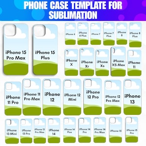 Può includere: Una collezione di modelli di custodie per telefoni per sublimazione, con vari modelli di iPhone. Ogni design della custodia include un paesaggio di cielo ed erba. L'immagine mostra custodie per iPhone 6 a iPhone 15 Pro Max.