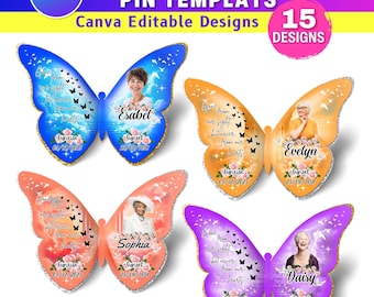 15 plantillas de pins de mariposa conmemorativos / Diseños de Canva "En memoria amorosa" / Recuerdos editables / Funerales y celebraciones de la vida digitales