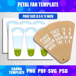 Może przedstawiać: Szablon wachlarza płatkowego z tekstem "Petal Fan Template" i "Page Size 8.5 x 11 inch". Projekt zawiera szablony wachlarzy z motywem nieba i trawy oraz brązowe szablony wachlarzy z tekstem "Place Your Design Here".