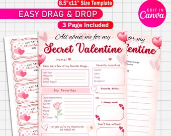 Pode incluir: Um modelo de questionário rosa e branco para o Dia dos Namorados com o texto "Secret Valentine Survey Questionnaire". O modelo inclui seções para preencher sobre coisas favoritas, lanches e bebidas. O design inclui ilustrações de corações e rosas.