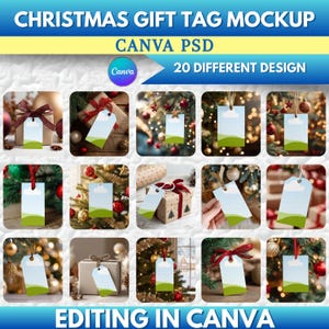 May include: A mockup image showcasing 20 different Christmas gift tag designs. The tags are displayed on wrapped gifts and Christmas tree backgrounds. The tags have a blue sky and green grass design. Text on the image reads "CHRISTMAS GIFT TAG MOCKUP", "CANVA PSD", and "EDITING IN CANVA".