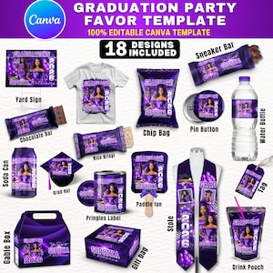 May include: A purple graduation party favor template with 18 designs, including a yard sign, t-shirt, chip bag, chocolate bar, rice krispi, soda can, grad hat, Pringles label, gift bag, and more. The template is 100% editable in Canva.