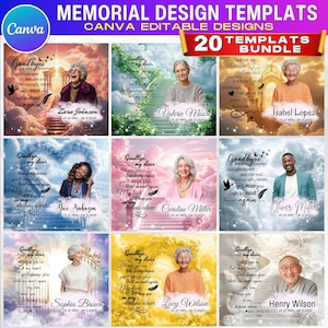 May include: A collection of 20 memorial design templates, Canva editable designs. Each template features a portrait, name, and dates, with a background of clouds and inspirational text. The templates are designed for remembrance.