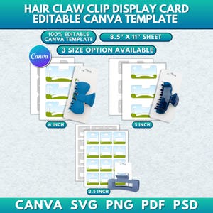 以下が含まれることがあります： ヘアクリップディスプレイカードのテンプレート。画像には、15.2 cm、12.7 cm、6.3 cmのオプションを含む、さまざまなサイズのヘアクリップが表示されています。テンプレートはCanvaで編集可能で、SVG、PNG、PDF、PSD形式で利用できます。