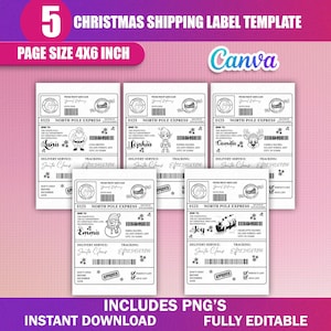 May include: A set of Christmas shipping label templates with festive designs. The labels feature illustrations of Santa Claus, elves, and reindeer, with space for recipient names and addresses. The labels are 10.16 x 15.24 cm and fully editable.