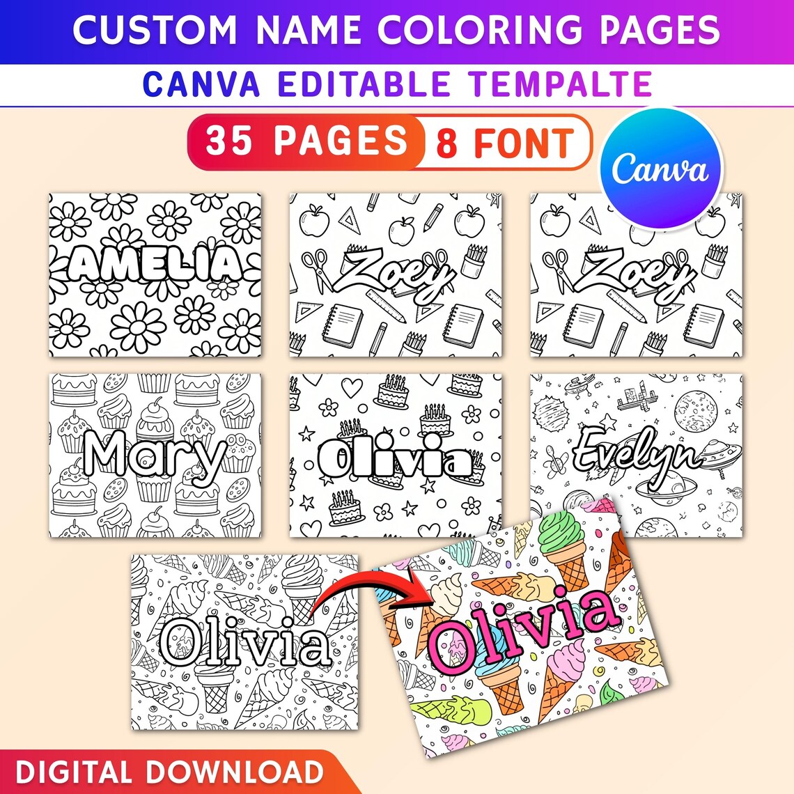 30x Custom Name Coloring Pages | Kids Activity Sheets 8.5inch X 11inch ...