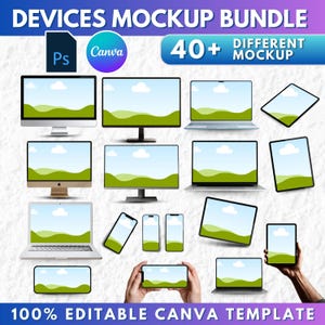 Mockup-paket med 40x enheter | Mockup för bärbar dator, surfplatta, smartphone Canva-ram och PSD-skärm | Enkel dra-och-släpp-redigerbar sublimeringsmall