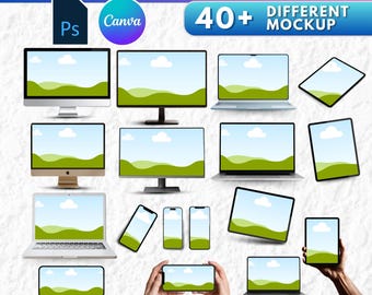 40x Geräte Mockup Bundle | Laptop, Tablet, Smartphone Canva Rahmen und PSD Bildschirm Mockup | Einfache, bearbeitbare Sublimationsvorlage per Ziehen & Ablegen