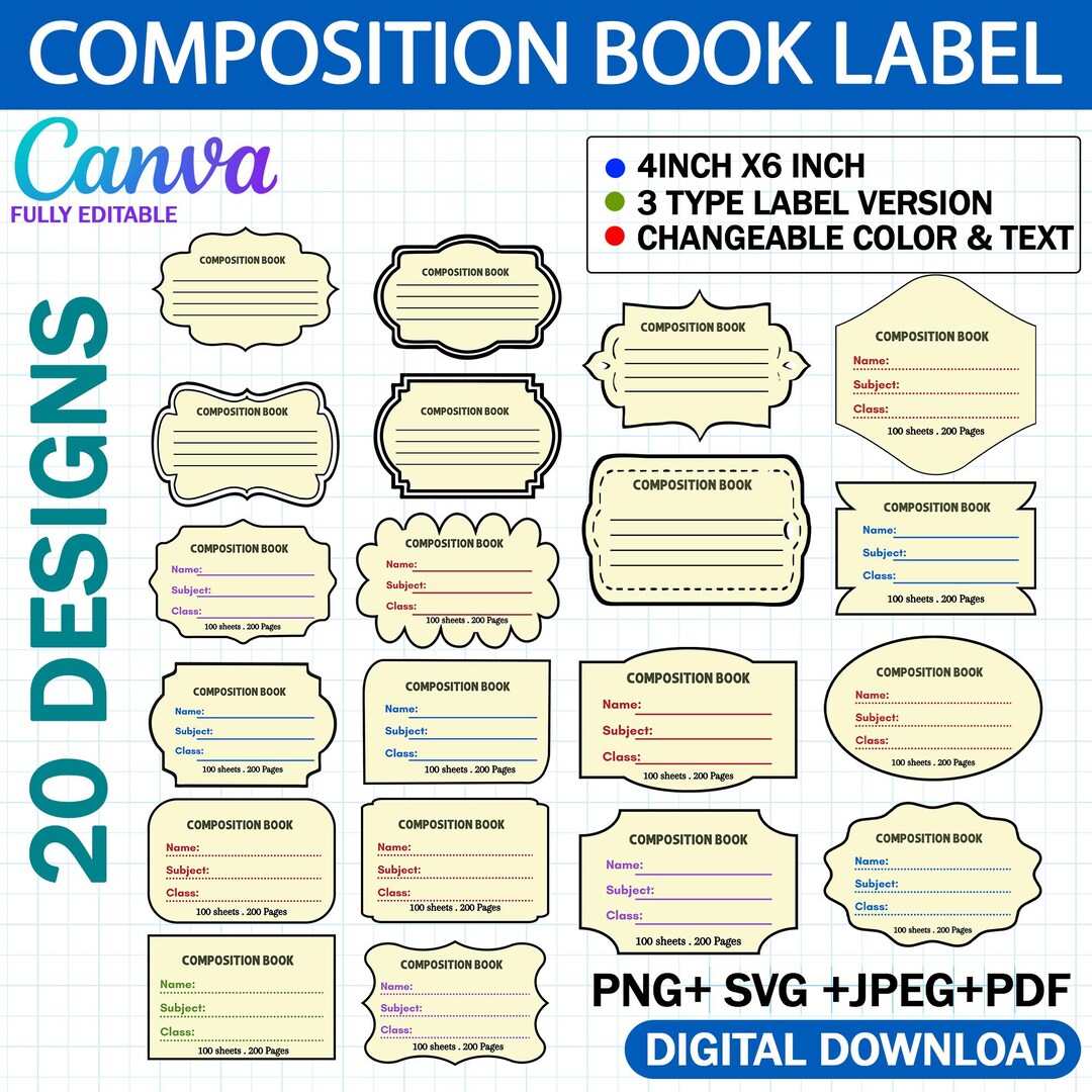 Custom Notebook Label Design 20x Composition Notebook Label Design SVG Bundle, Notebook Cover Labels ...