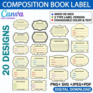 Può includere: Un download digitale con 20 modelli di etichette per quaderni. Le etichette sono di varie forme e dimensioni, con spazio per nome, materia e classe. L'immagine include il testo "4INCH X6 INCH", "3 TYPE LABEL VERSION" e "CHANGEABLE COLOR & TEXT".